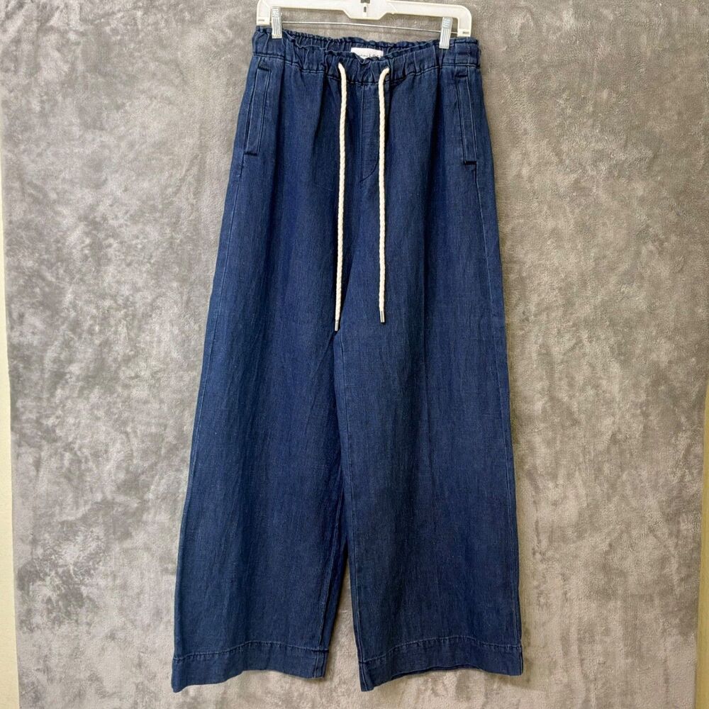 NWT Loft Gaucho Linen Blend draw string Waist Extra Wide Leg Pants Blue Sz. S